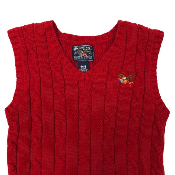 American Living Cable Knit Sweater Vest Boys 4/4T V Neck Pullover Red Eagle Flag - Picture 8 of 11